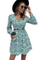 YESFASHION Print Sexy Deep V-neck Decorative Button Dress