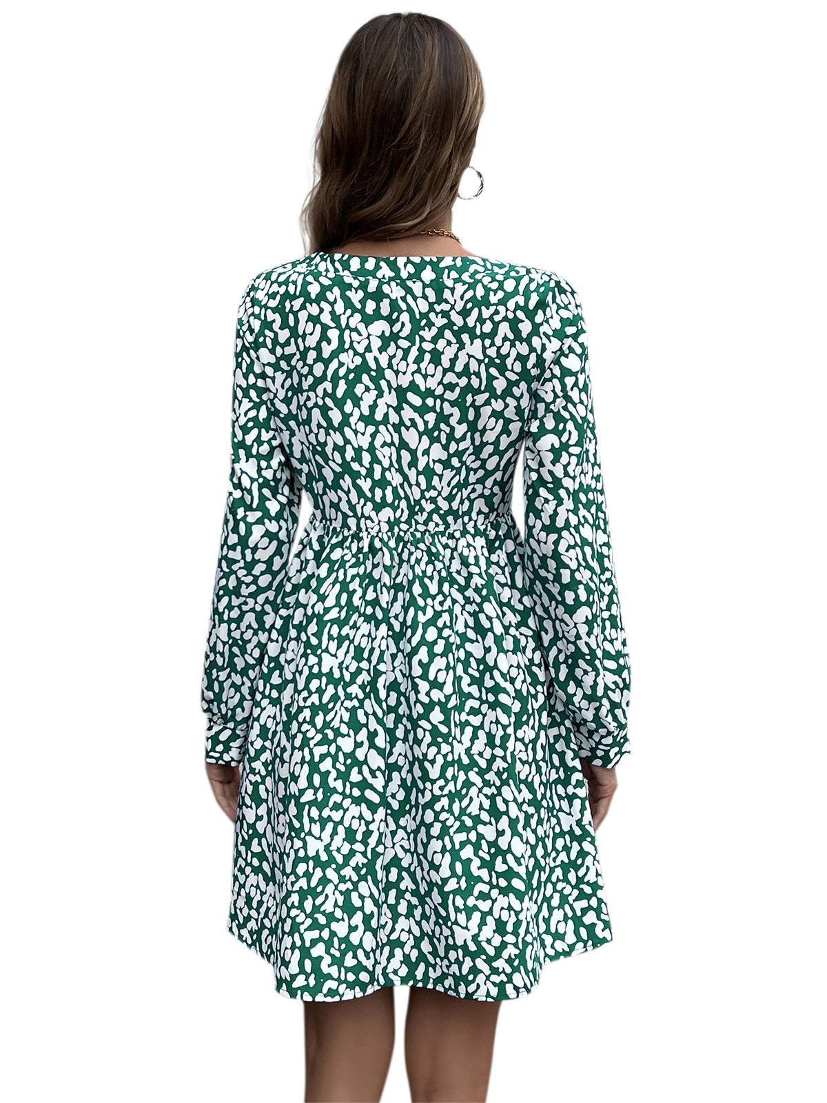 YESFASHION Print Sexy Deep V-neck Decorative Button Dress