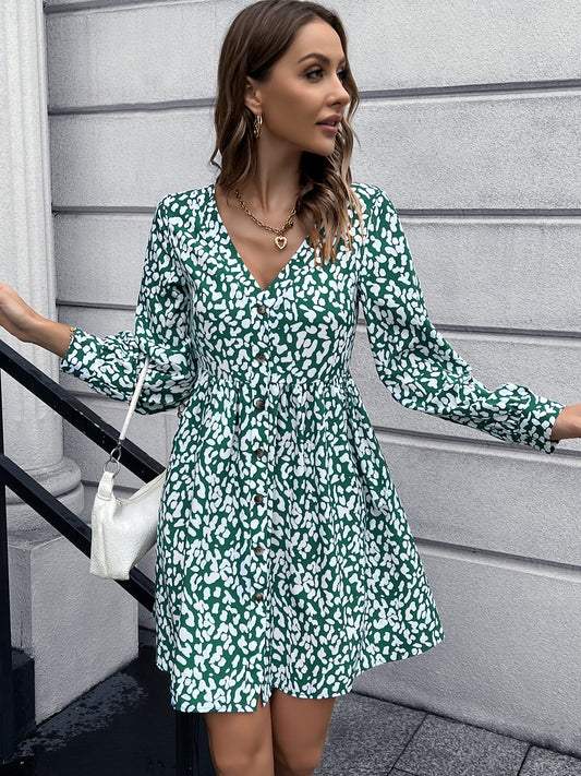 YESFASHION Print Sexy Deep V-neck Decorative Button Dress