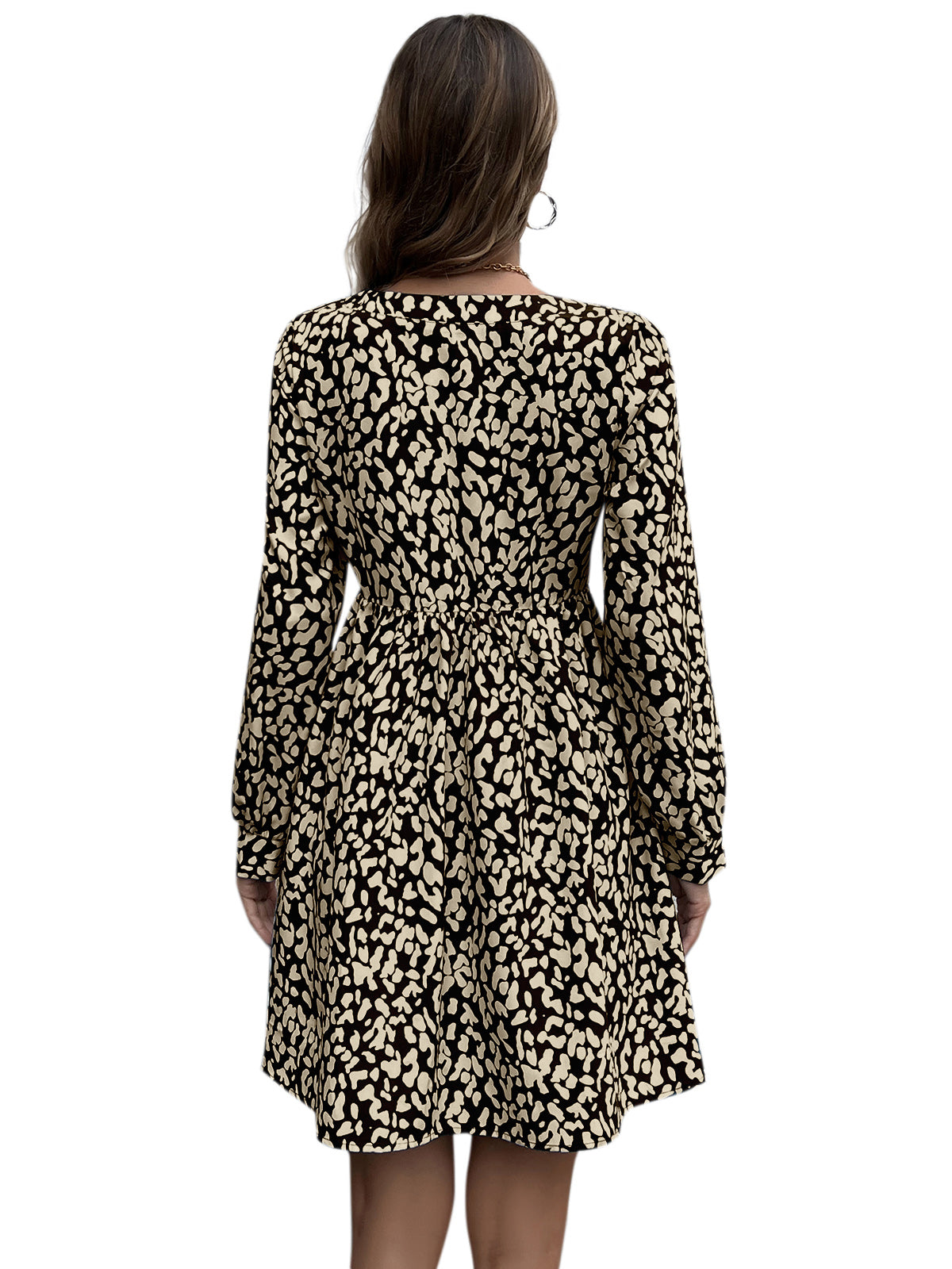 YESFASHION Print Sexy Deep V-neck Decorative Button Dress