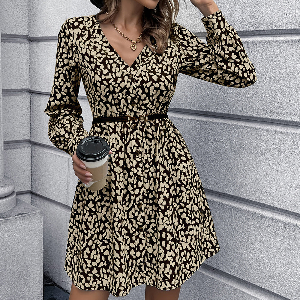 YESFASHION Print Sexy Deep V-neck Decorative Button Dress