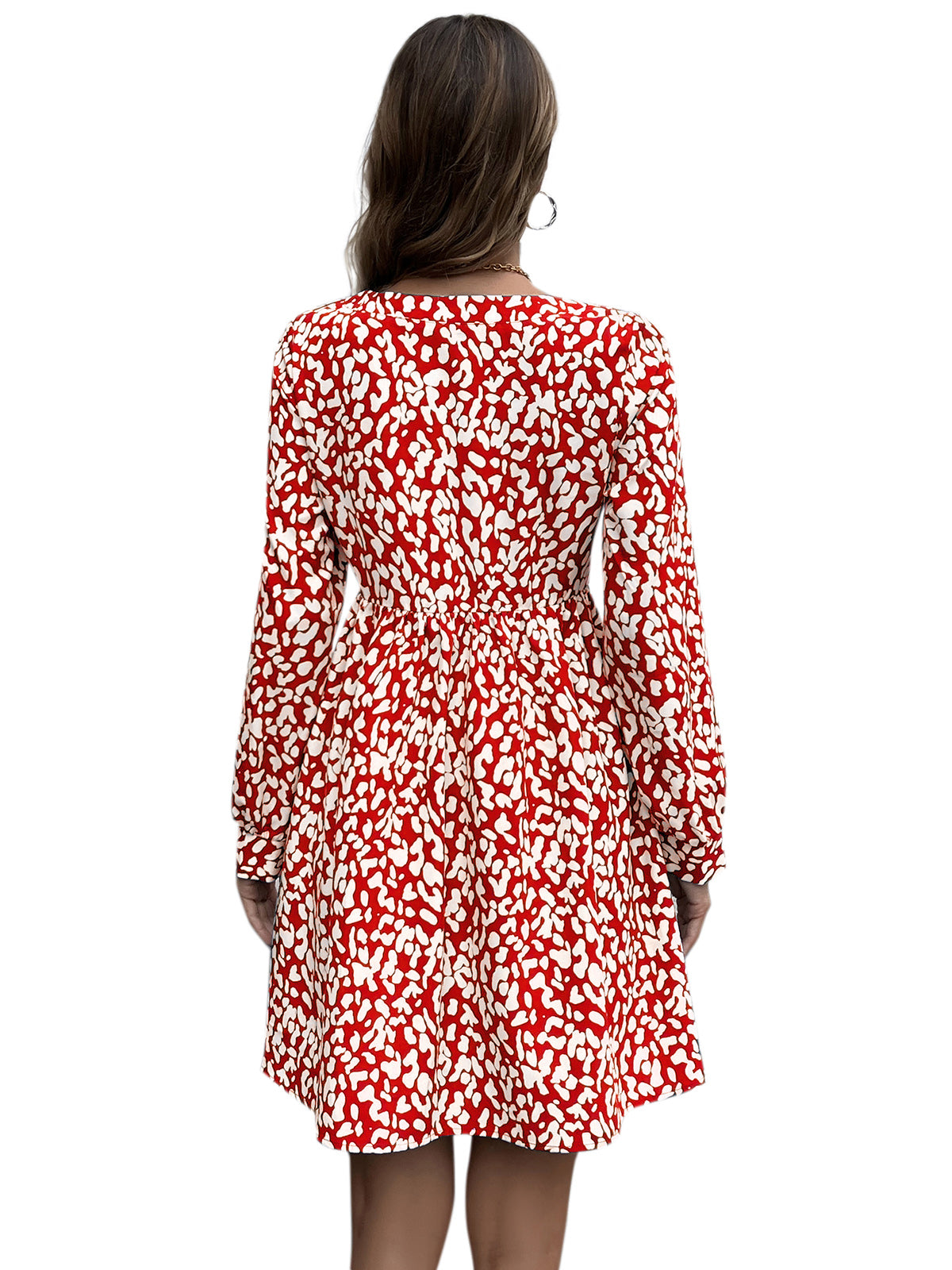 YESFASHION Print Sexy Deep V-neck Decorative Button Dress