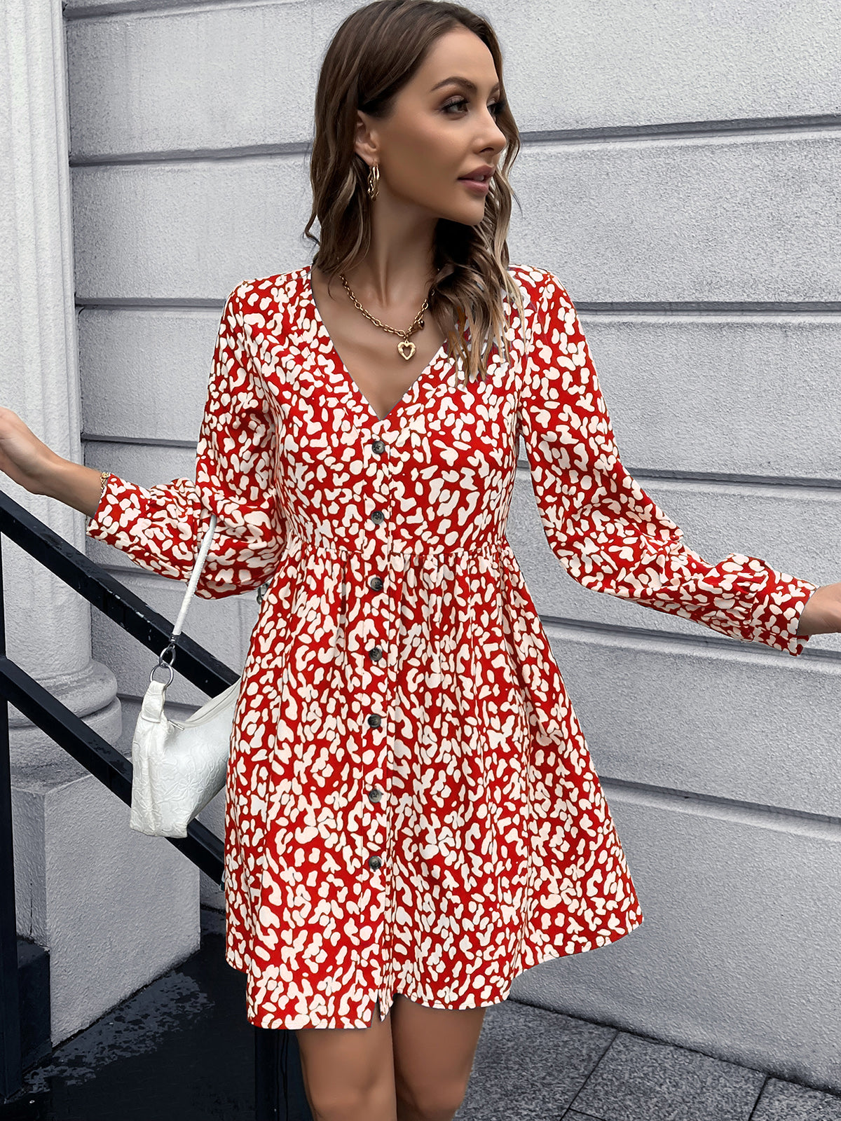 YESFASHION Print Sexy Deep V-neck Decorative Button Dress