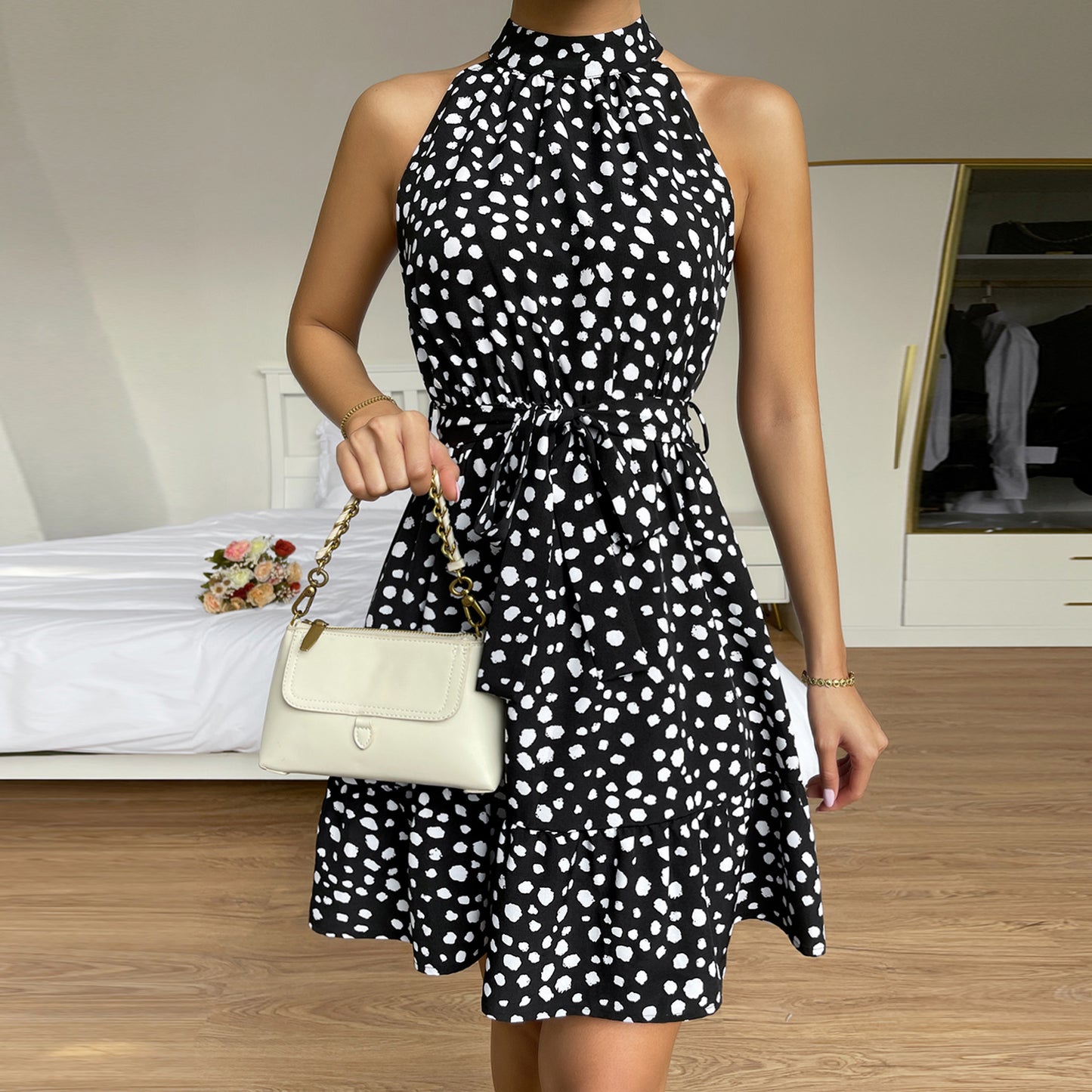 YESFASHION Women Clothing Halter Neck Small High-neck Floral Dress