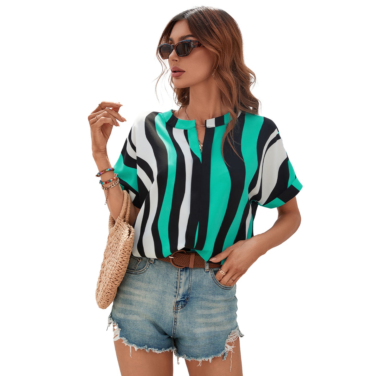 YESFASHION Casual Abstract Tops Striped Short Sleeve Shirt Women