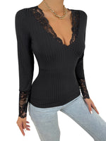 YESFASHION Comfortable Casual Lace V-neck Long-sleeved Lace Slim Tops