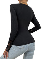 YESFASHION Comfortable Casual Lace V-neck Long-sleeved Lace Slim Tops