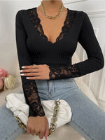 YESFASHION Comfortable Casual Lace V-neck Long-sleeved Lace Slim Tops