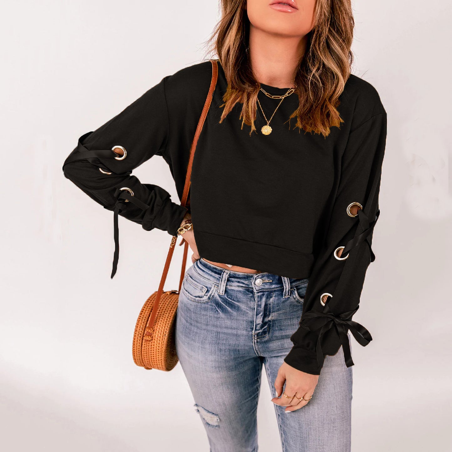 YESFASHION Women Solid Color Pullover Sweaters Casual T-shirt