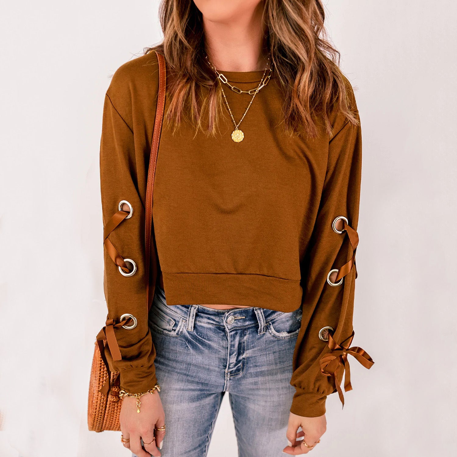 YESFASHION Women Solid Color Pullover Sweaters Casual T-shirt