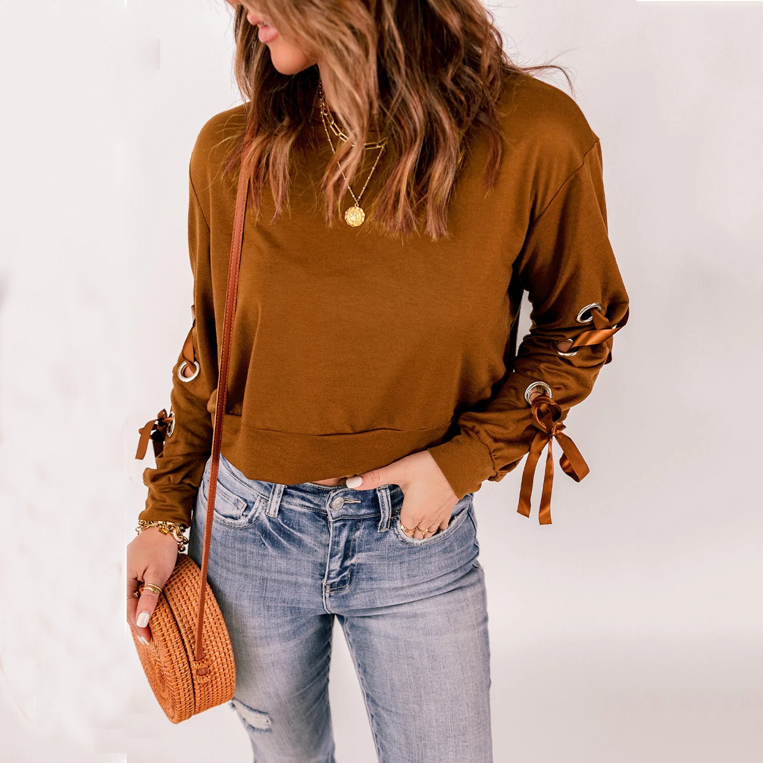 YESFASHION Women Solid Color Pullover Sweaters Casual T-shirt