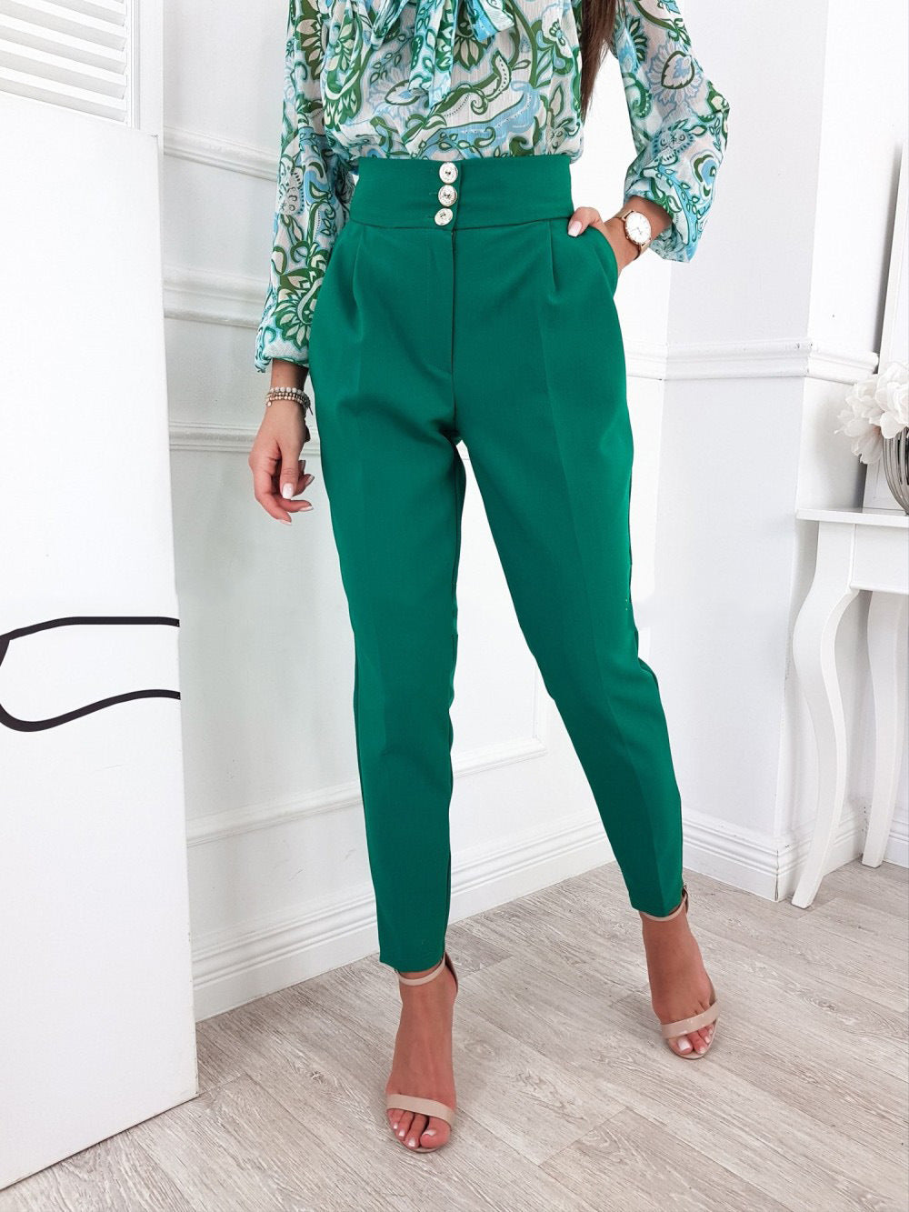 YESFASHION Solid Color Slim Fitting Pants Button Pants