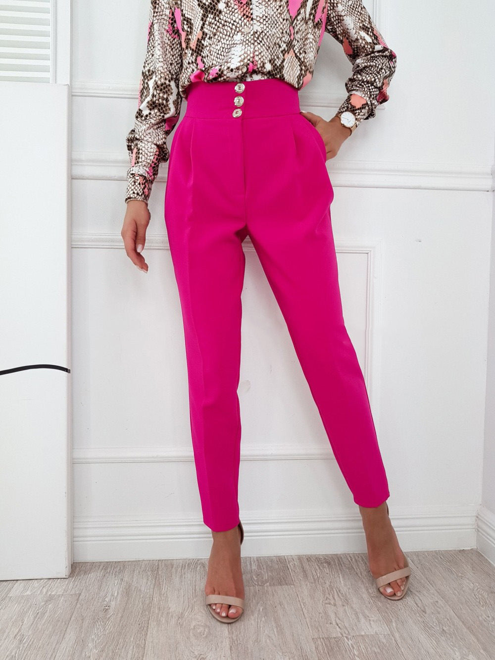 YESFASHION Solid Color Slim Fitting Pants Button Pants