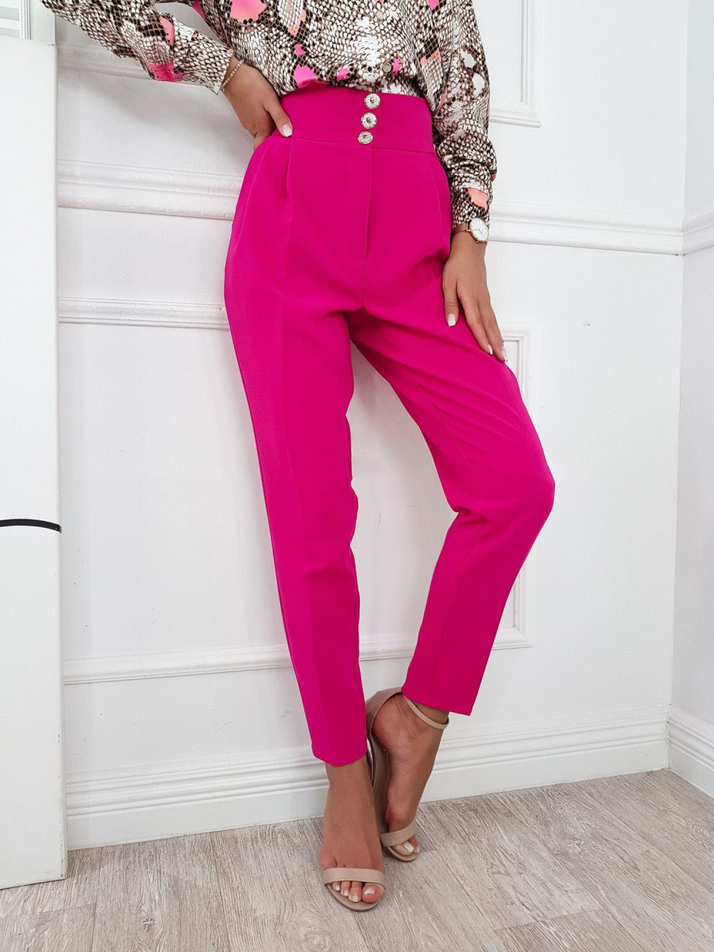 YESFASHION Solid Color Slim Fitting Pants Button Pants