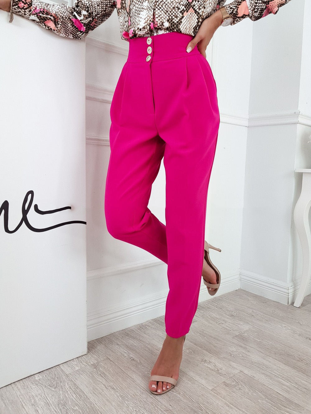 YESFASHION Solid Color Slim Fitting Pants Button Pants