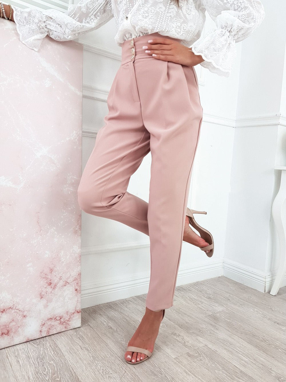 YESFASHION Solid Color Slim Fitting Pants Button Pants