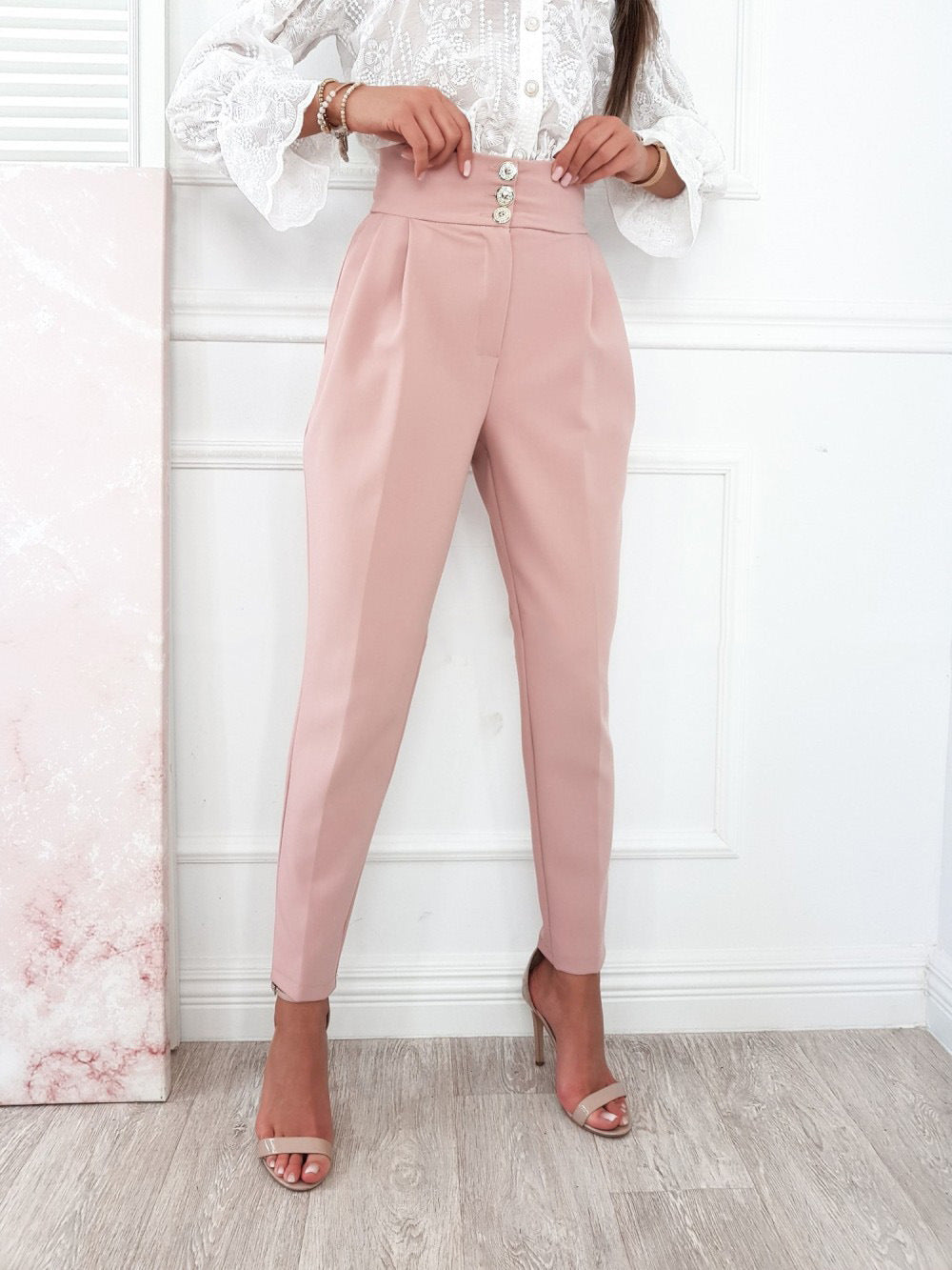 YESFASHION Solid Color Slim Fitting Pants Button Pants