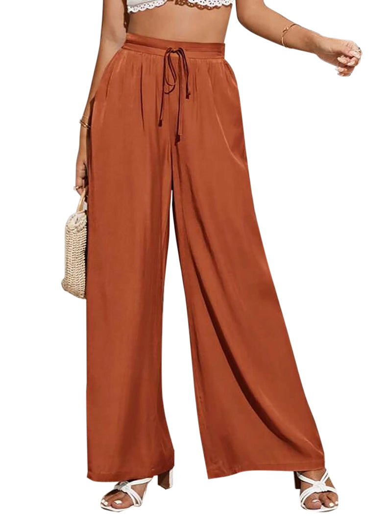 YESFASHION Women High Waist Tie Loose Wide Leg Pants PBY-0YEN