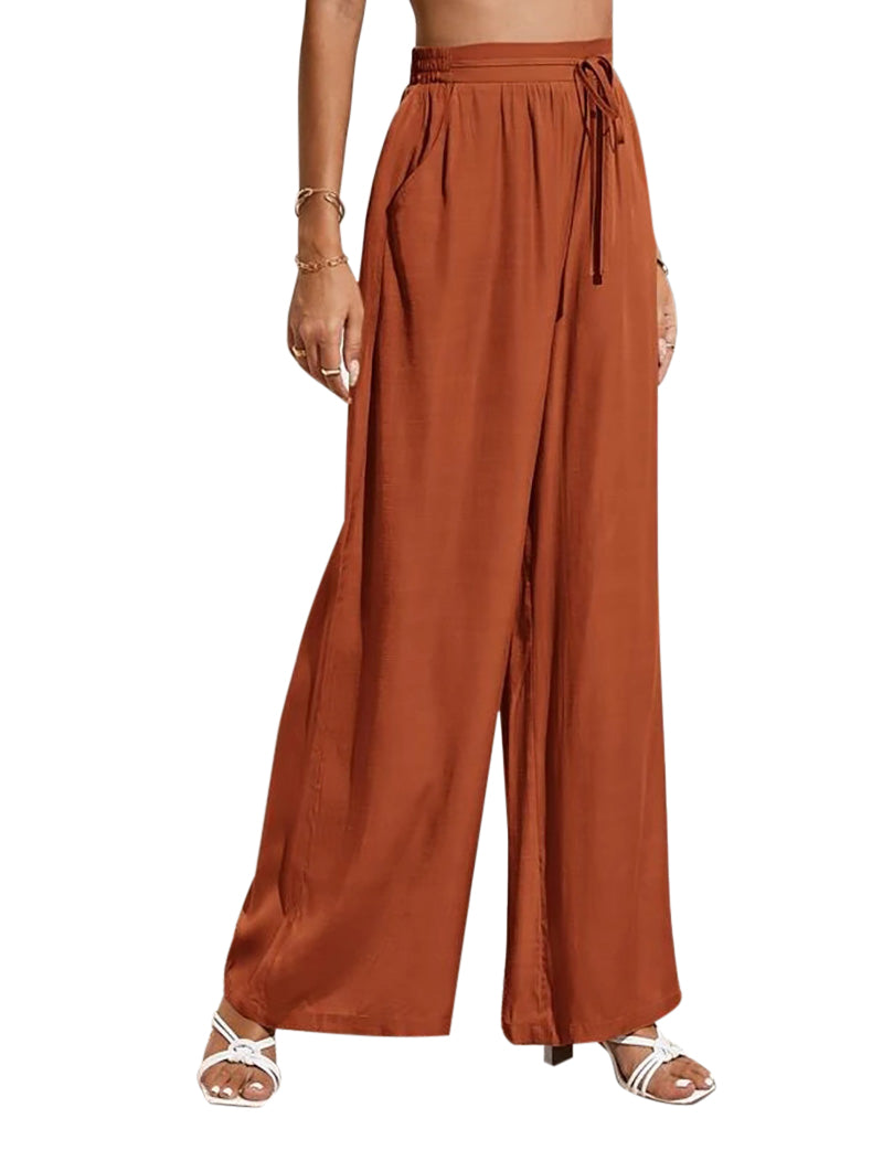 YESFASHION Women High Waist Tie Loose Wide Leg Pants PBY-0YEN