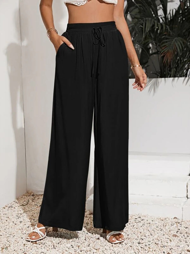 YESFASHION Women High Waist Tie Loose Wide Leg Pants PBY-0YEN