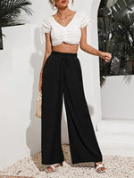 YESFASHION Women High Waist Tie Loose Wide Leg Pants PBY-0YEN