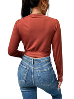 YESFASHION Slim Knit V-neck Sexy Fashion Lace-up Long Sleeve Shirt