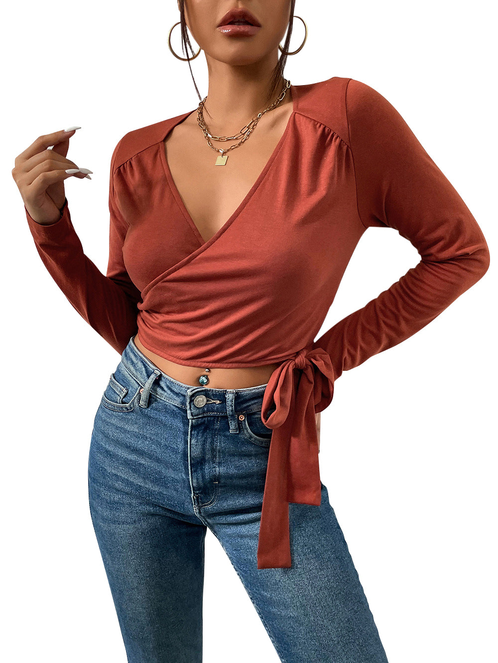 YESFASHION Slim Knit V-neck Sexy Fashion Lace-up Long Sleeve Shirt