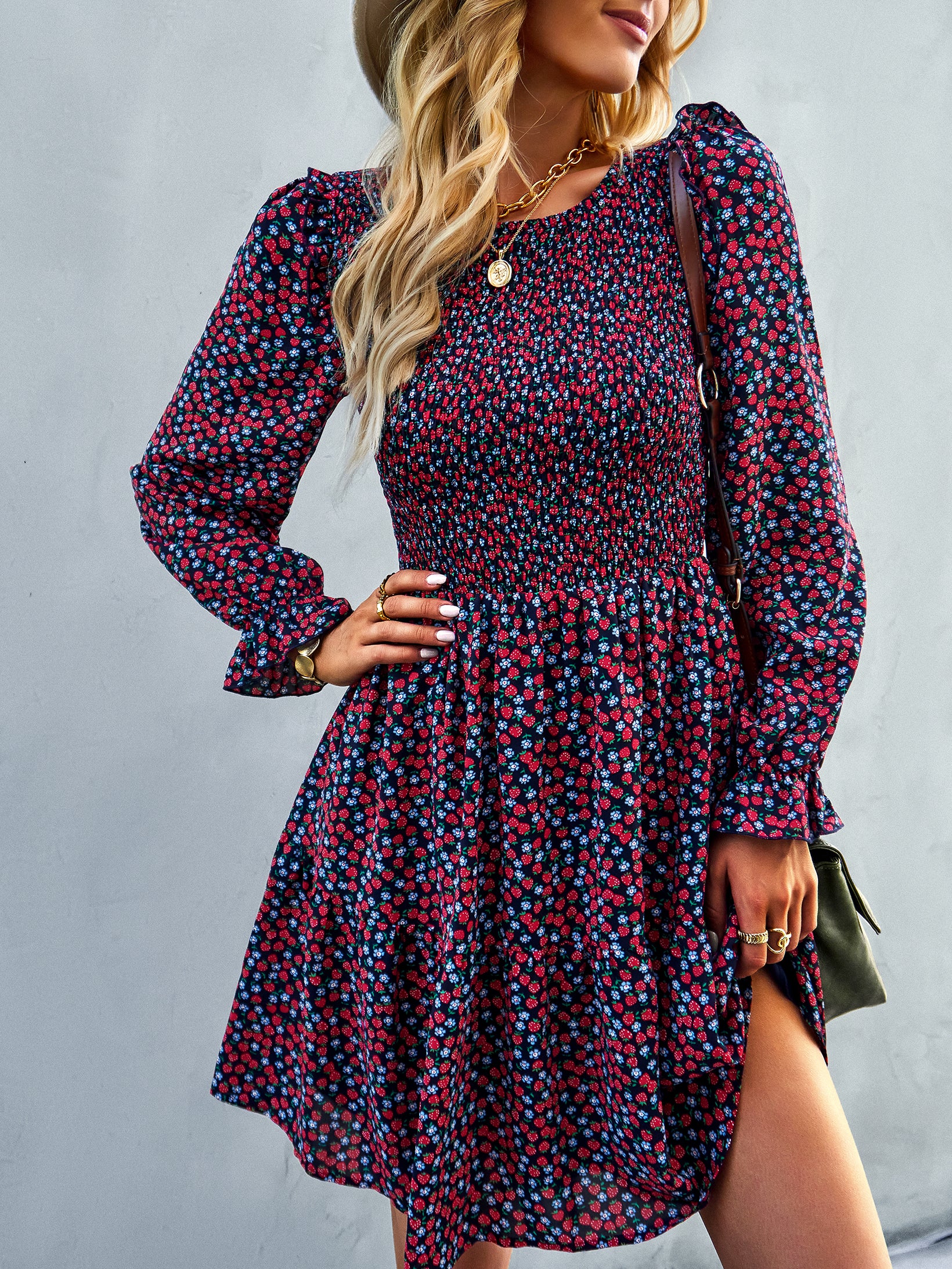 YESFASHION Floral Dress 2022 Winter Long Sleeve All-match A-line Skirt