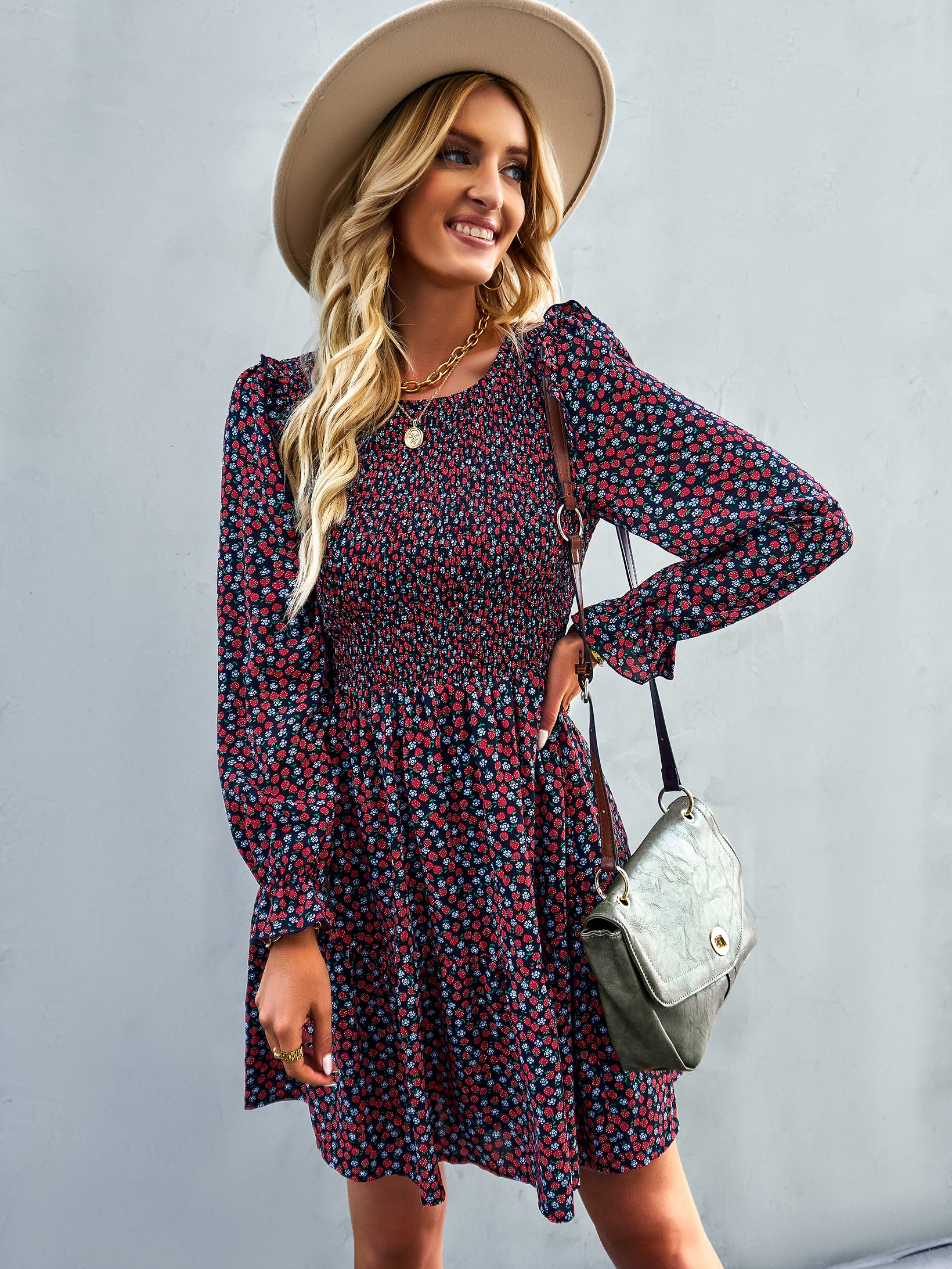 YESFASHION Floral Dress 2022 Winter Long Sleeve All-match A-line Skirt