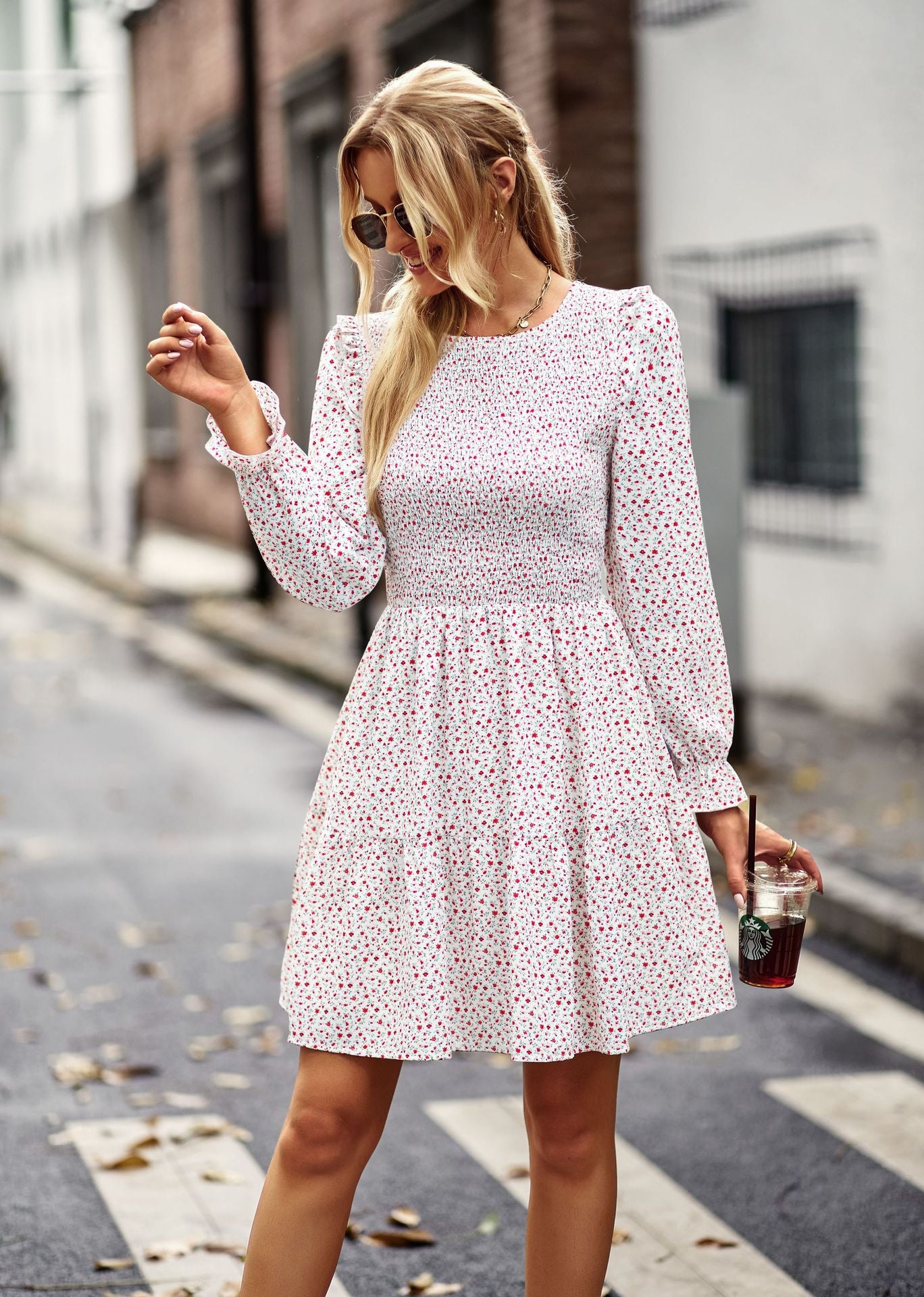 YESFASHION Floral Dress 2022 Winter Long Sleeve All-match A-line Skirt