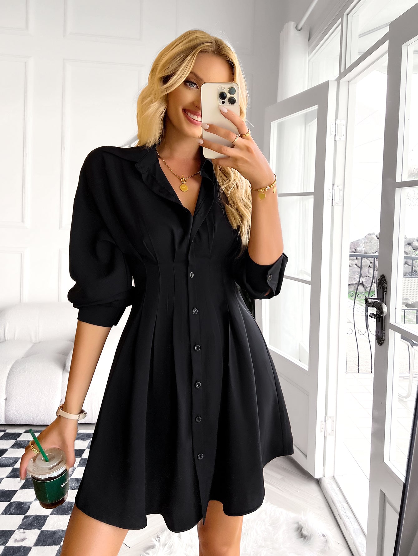 YESFASHION Women Clothing 2023 Winter Shirt Skirt Dress