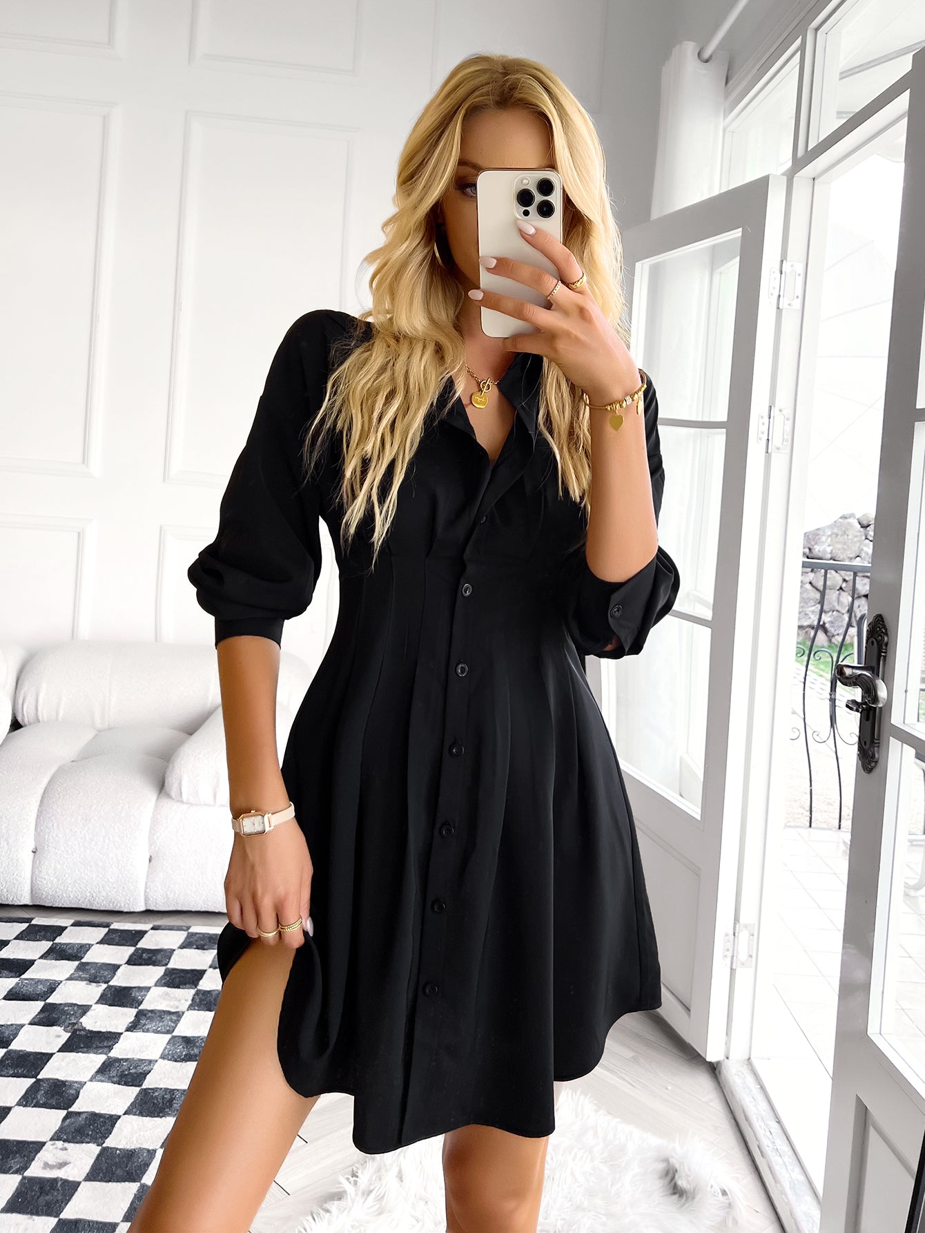 YESFASHION Women Clothing 2023 Winter Shirt Skirt Dress