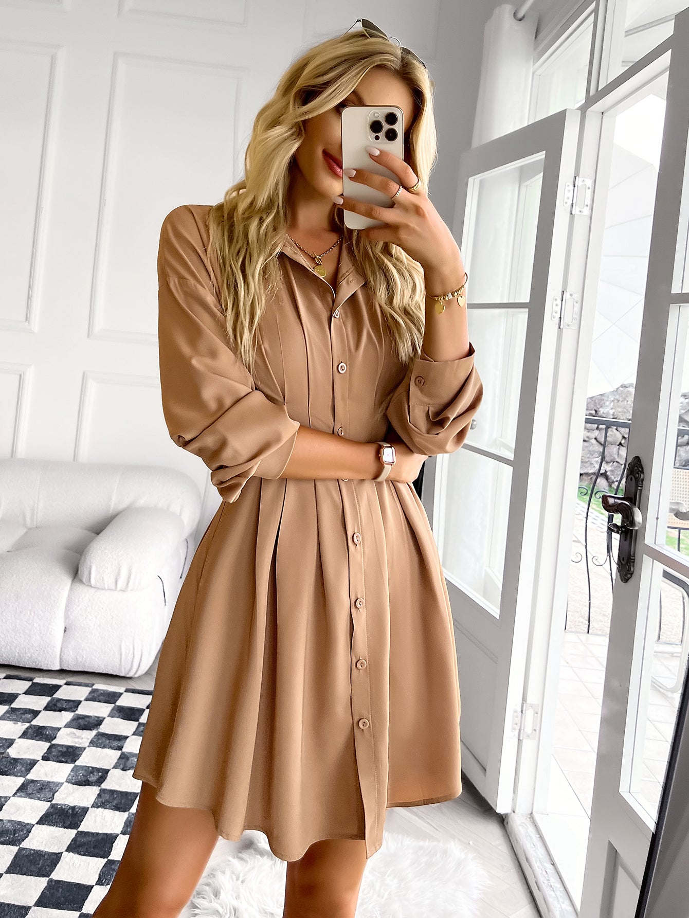 YESFASHION Women Clothing 2023 Winter Shirt Skirt Dress