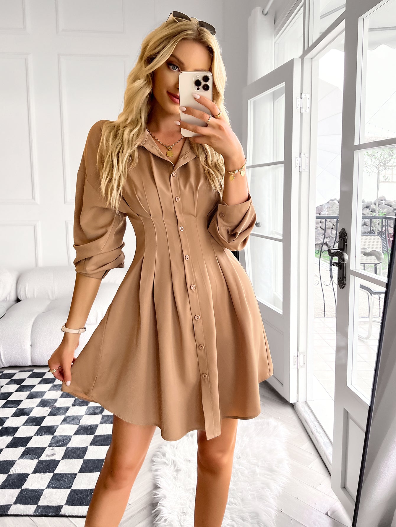 YESFASHION Women Clothing 2023 Winter Shirt Skirt Dress