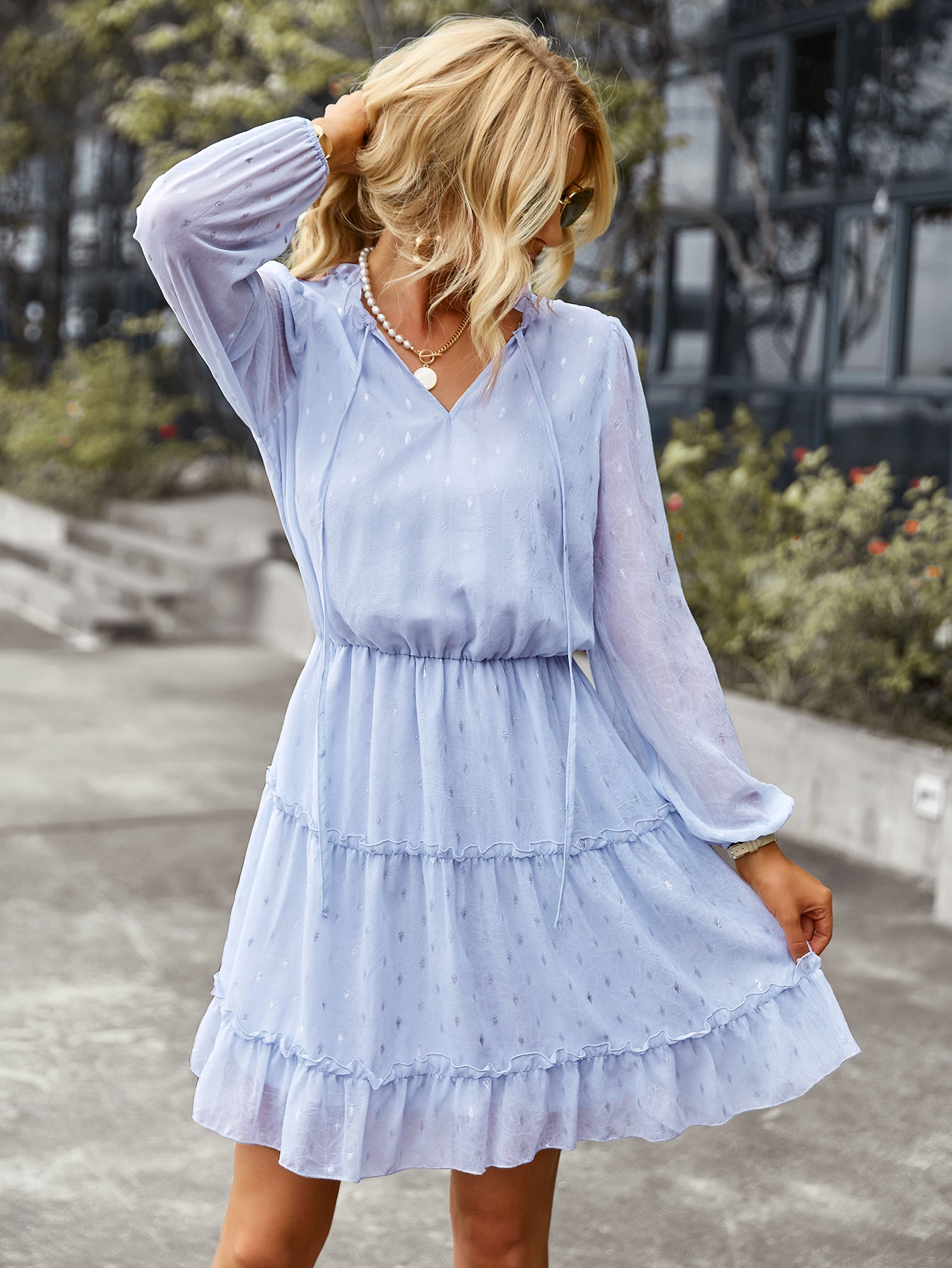 V-neck Sexy Waist Dress Autumn Winter Long-sleeved A-line Skirt Women