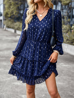 V-neck Sexy Waist Dress Autumn Winter Long-sleeved A-line Skirt Women