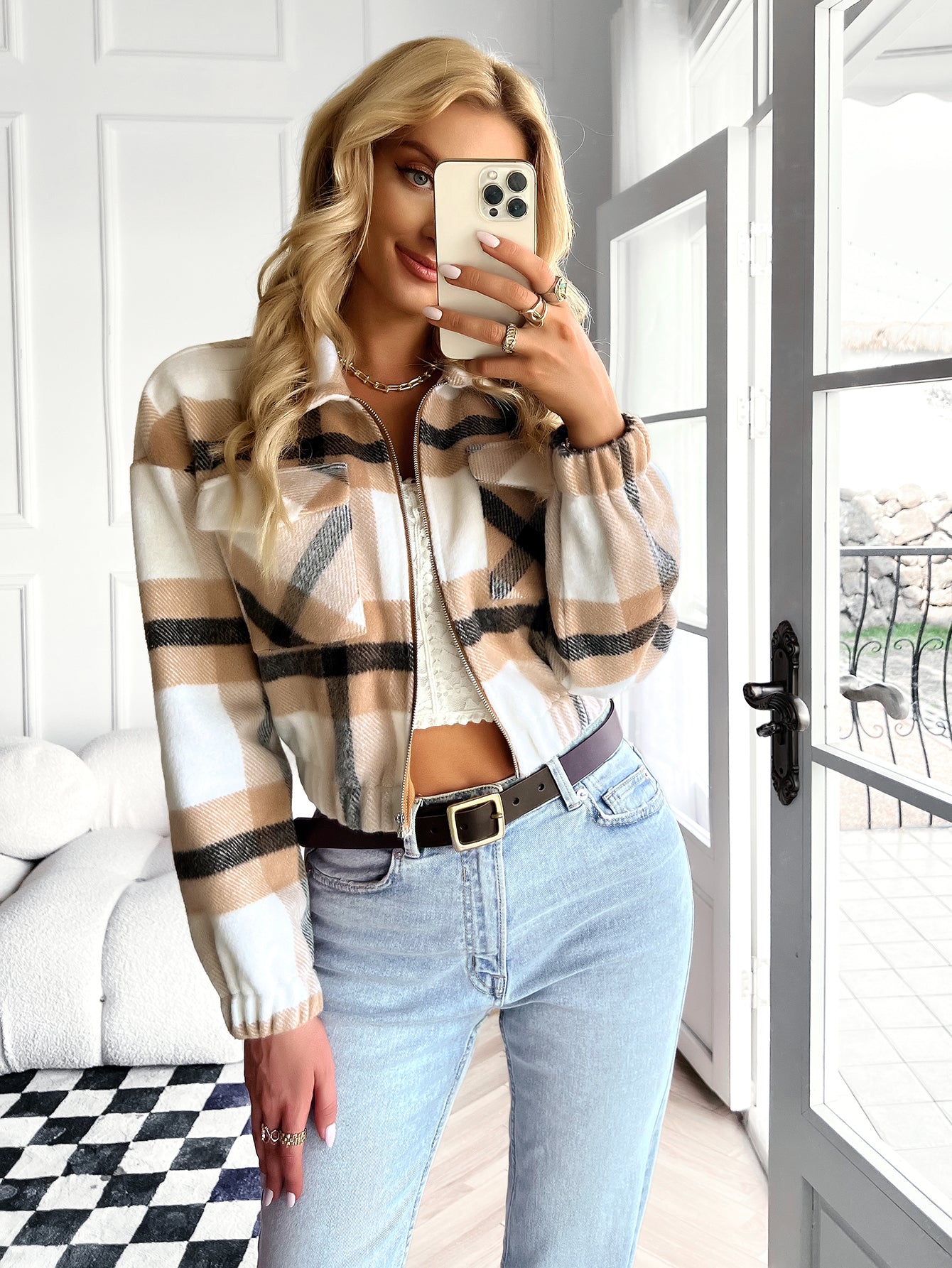 YESFASHION Plaid Jacket Top All-match Women's Leisure Coats