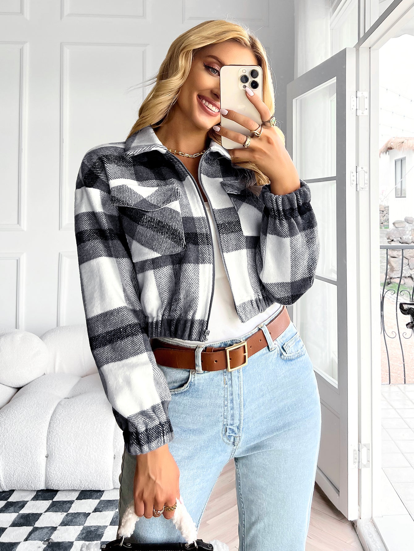 YESFASHION Plaid Jacket Top All-match Women's Leisure Coats