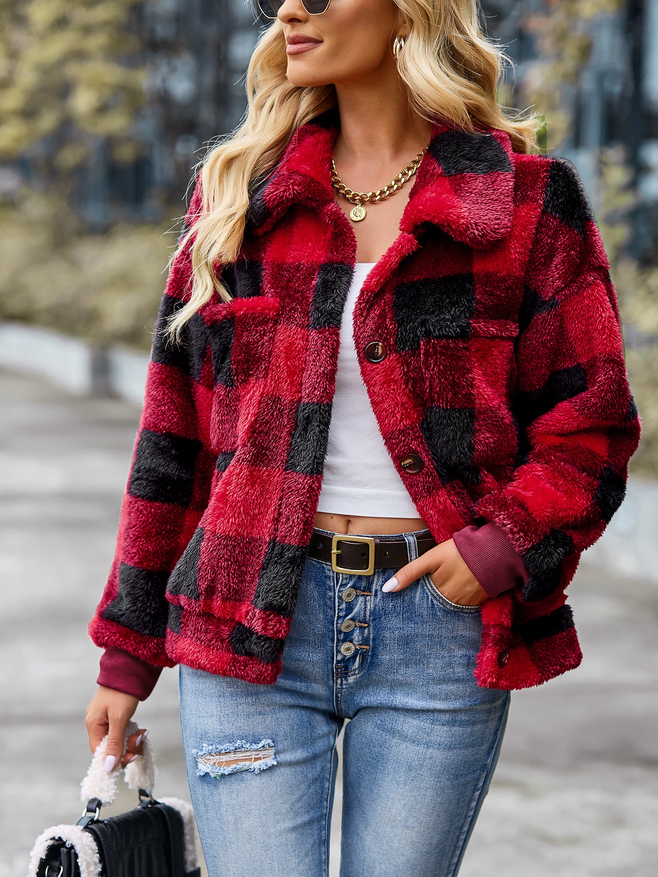 YESFASHION Research And Development Design Coats Plaid Fleece Jacket