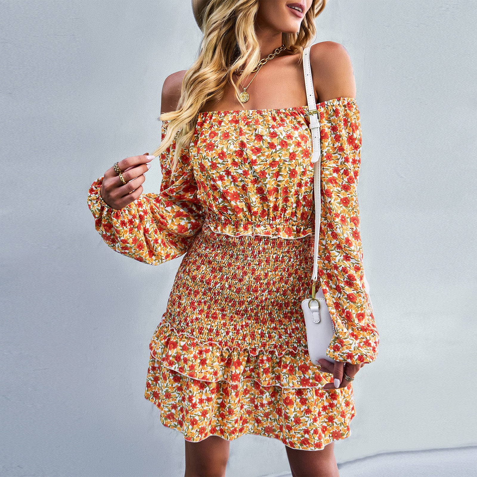 YESFASHION Casual Dress One-shoulder Printed Skirt