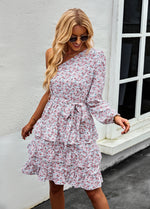 YESFASHION Slanted Shoulder Dress 2022 Floral Cake Short Skirt Women