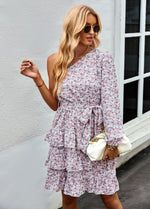 YESFASHION Slanted Shoulder Dress 2022 Floral Cake Short Skirt Women