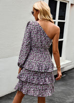 YESFASHION Slanted Shoulder Dress 2022 Floral Cake Short Skirt Women