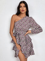 YESFASHION Slanted Shoulder Dress 2022 Floral Cake Short Skirt Women