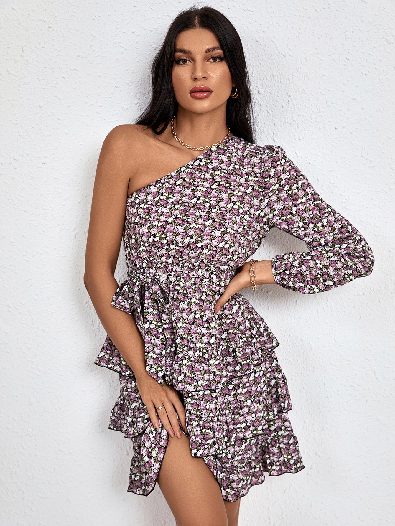 YESFASHION Slanted Shoulder Dress 2022 Floral Cake Short Skirt Women