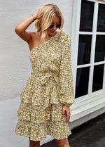 YESFASHION Slanted Shoulder Dress 2022 Floral Cake Short Skirt Women