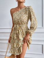 YESFASHION Slanted Shoulder Dress 2022 Floral Cake Short Skirt Women