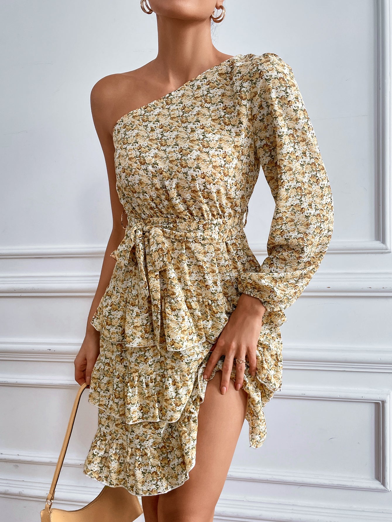 YESFASHION Slanted Shoulder Dress 2022 Floral Cake Short Skirt Women