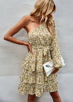 YESFASHION Slanted Shoulder Dress 2022 Floral Cake Short Skirt Women