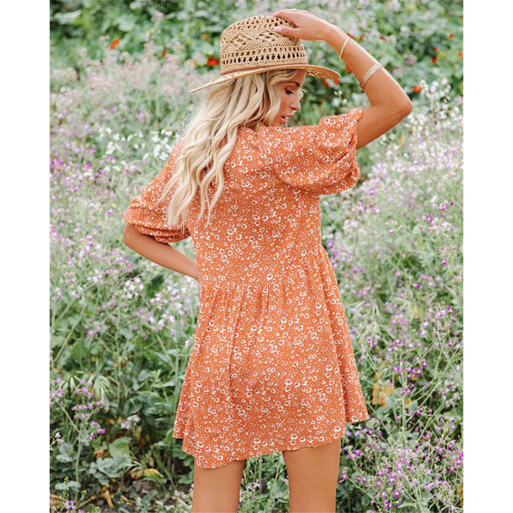 YESFASHION Floral Lantern Sleeves Casual Women Dress